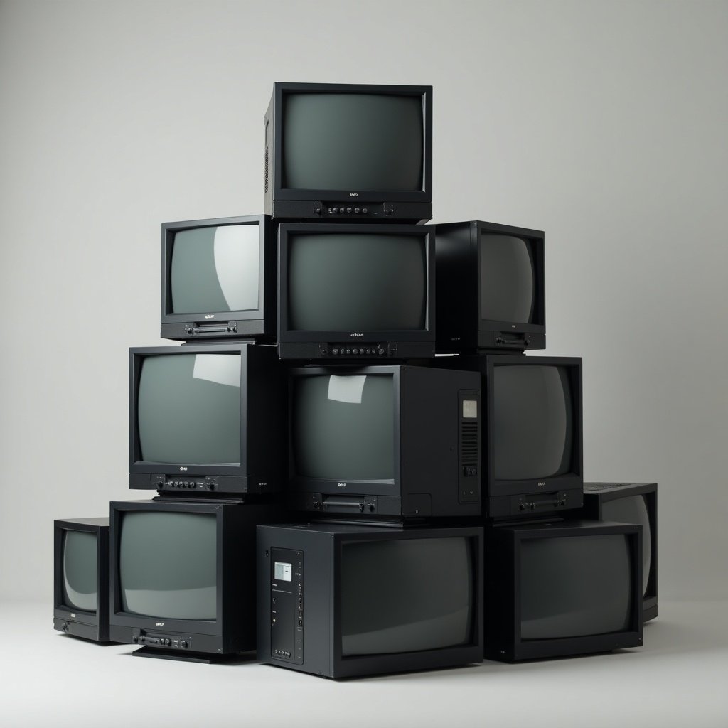 A pile of televisions are stacked one on top of another against a grey background. The TVs are all black, creating a monochromatic look. The arrangement is somewhat haphazard, giving it an artistic feel. The scene reflects a nostalgic view of technology from past decades. Soft lighting enhances the visual appeal of the stacked TVs.