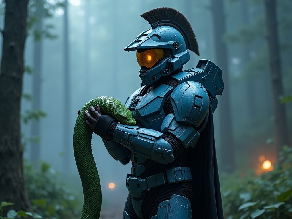 This image depicts a futuristic armored figure in a forest holding a green snake. The character is designed with a helmet and a cape, standing amidst misty trees. The setting is mysterious, evoking a blend of technology and nature. The glowing eyes of the figure add an otherworldly quality. The snake contrasts with the blue armor, representing a harmonious relationship with nature. This image could be used in various media to illustrate themes of protection or balance in a sci-fi context.