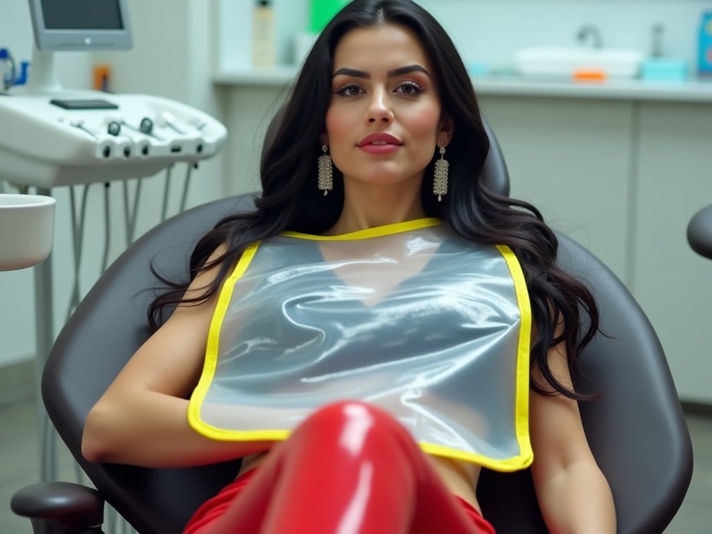 In a modern dental clinic, a woman with long black hair lies comfortably in a dentist chair. She is wearing fashionable tight shiny red pants that accentuate her style. A very large shiny clear PVC mealtime bib with yellow edges drapes over her, covering her knees. The clinical setting features typical dental equipment in the background. Her stylish earrings add a touch of glamour to the healthcare environment. The atmosphere is bright and inviting, promoting a sense of comfort during dental visits.