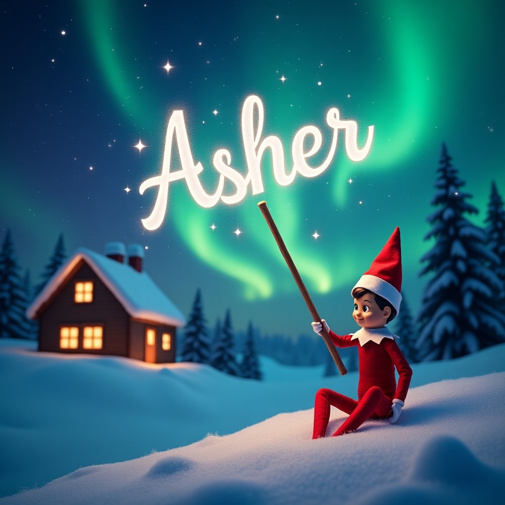 The image features a whimsical elf on the shelf named Asher sitting in a snowy landscape. Above him, in glowing letters written by a magic wand, is the name 'Asher' against a backdrop of spectacular northern lights. In the distance, there's a cozy cabin with warm lights glowing through the windows. The scene is enchanting and captures the essence of holiday magic. The elf is dressed in traditional red and white attire, enhancing the festive feel of the arrangement.