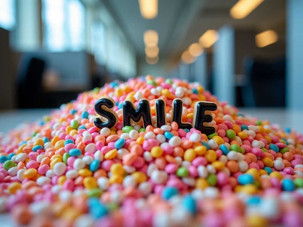 A pile of colorful candies with the word 'SMILE' spelled out on top.