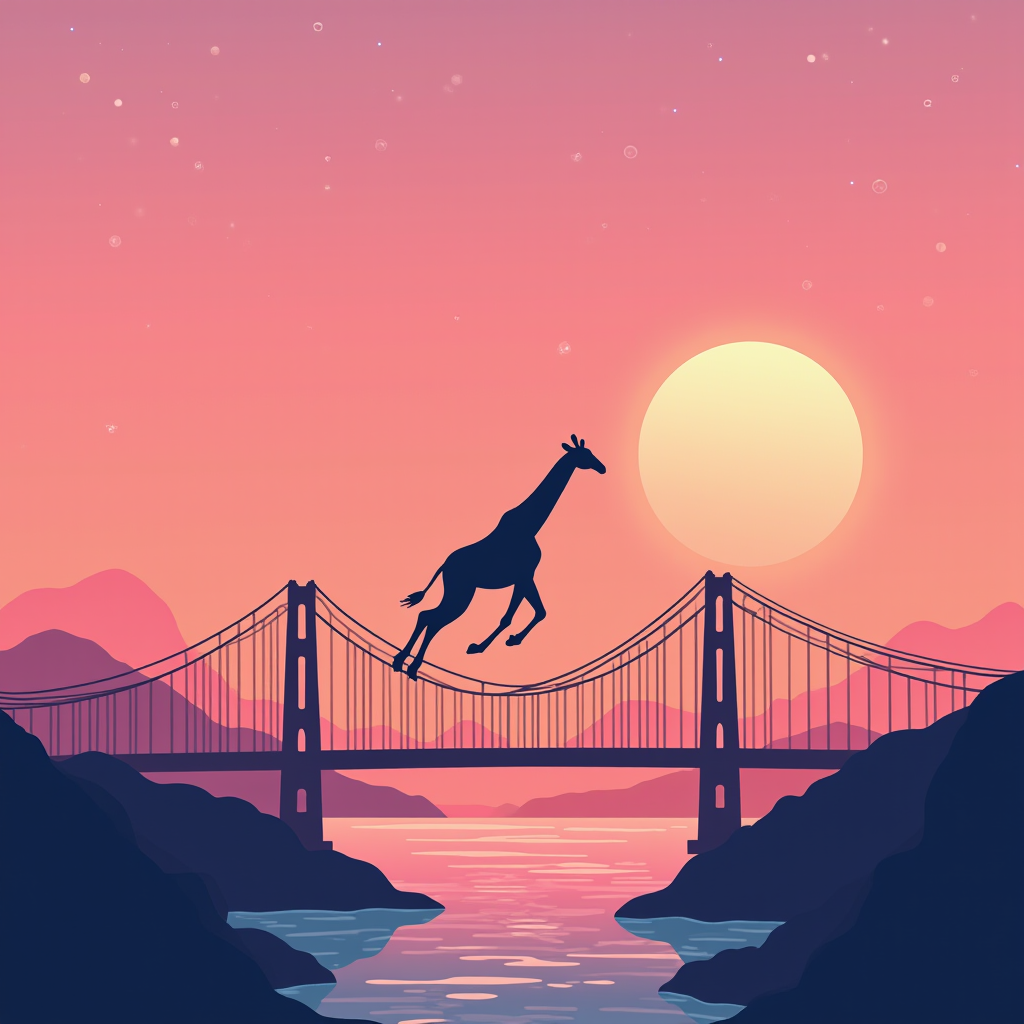 A surreal scene of a giraffe walking across a suspension bridge during a colorful sunset.