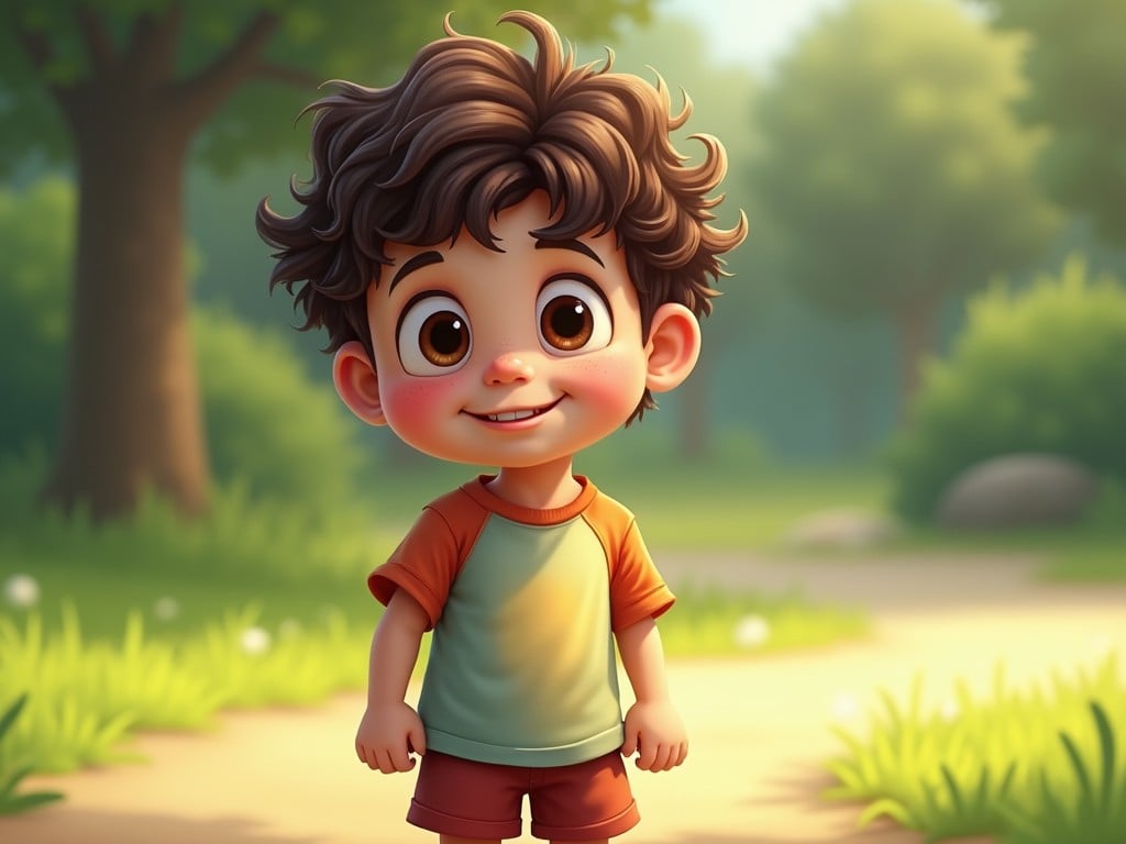 A charming illustration of a young child with curly hair standing outdoors in a sunny park. The child is wearing a casual t-shirt and shorts, exuding a sense of playfulness and innocence. The lush greenery and soft, dappled light create a warm, inviting background.