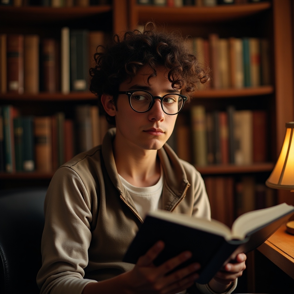 A teenager with curly hair and glasses is sitting in a cozy library, deeply engrossed in reading a book. The warm light from a nearby lamp creates a comforting atmosphere. Behind them is a wall filled with books, adding to the intellectual vibe of the setting. The young person's serious expression suggests they are lost in thought or contemplation. Their casual outfit contrasts with the scholarly environment, making the scene inviting and relatable.