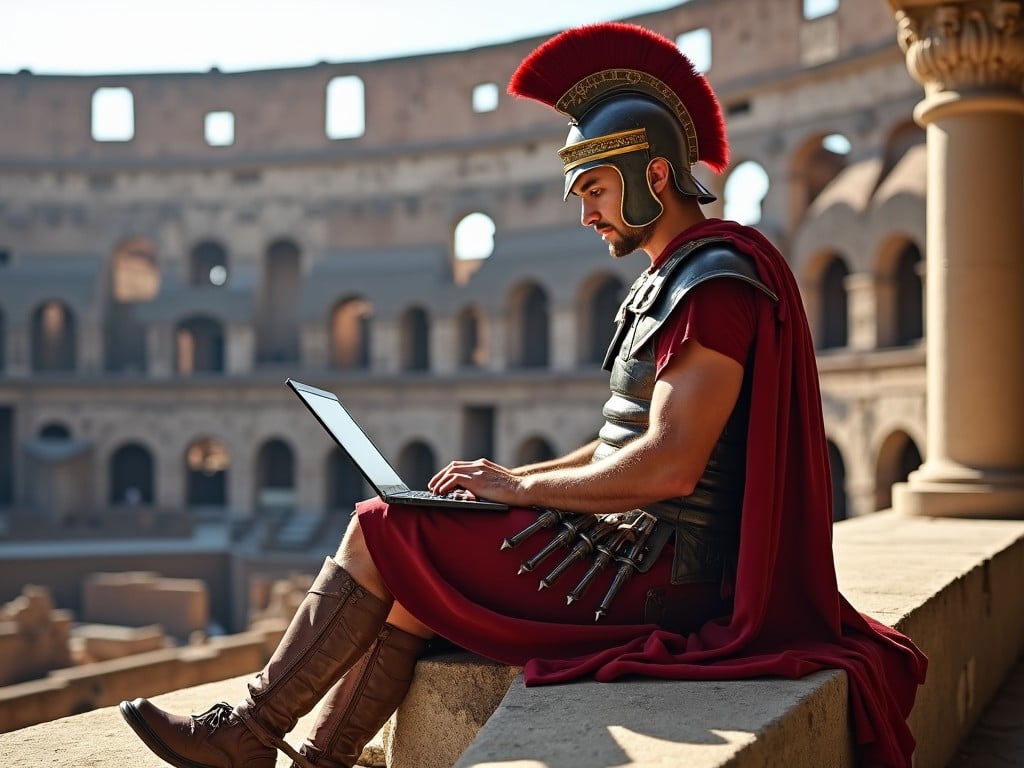 A Roman soldier in traditional attire is seated casually within the iconic Colosseum. He is focused on a laptop, bridging modern technology with ancient history. The sunlight illuminates the arena, creating a warm and inviting atmosphere. Ancient architectural details frame the scene, providing a striking contrast with the modern device. This image encapsulates the fusion of past and present, inviting viewers to reflect on the evolution of society.