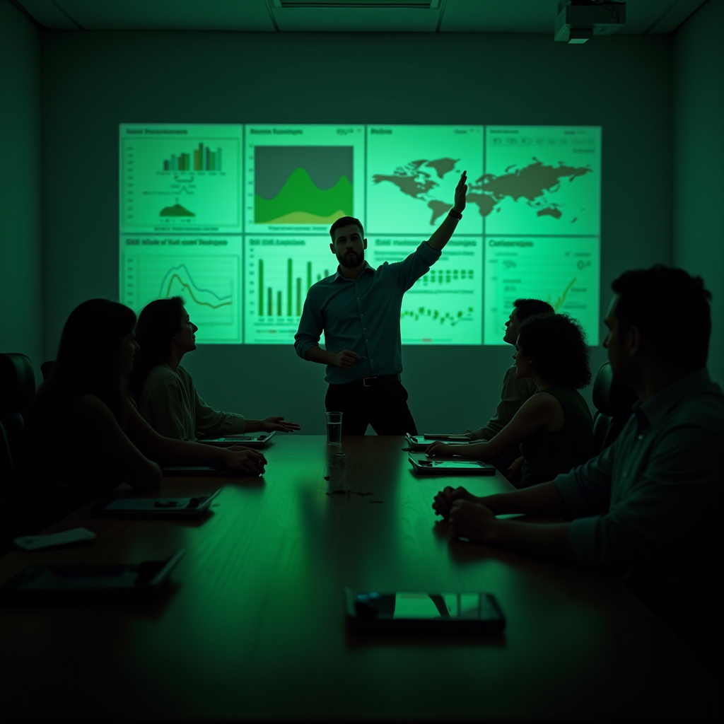 A group of professionals engage in a strategy meeting with data charts projected on the wall.