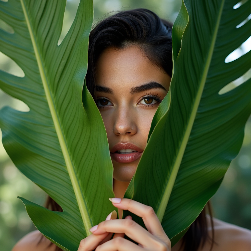 A woman peeks through large green leaves, revealing only her eyes and forehead.