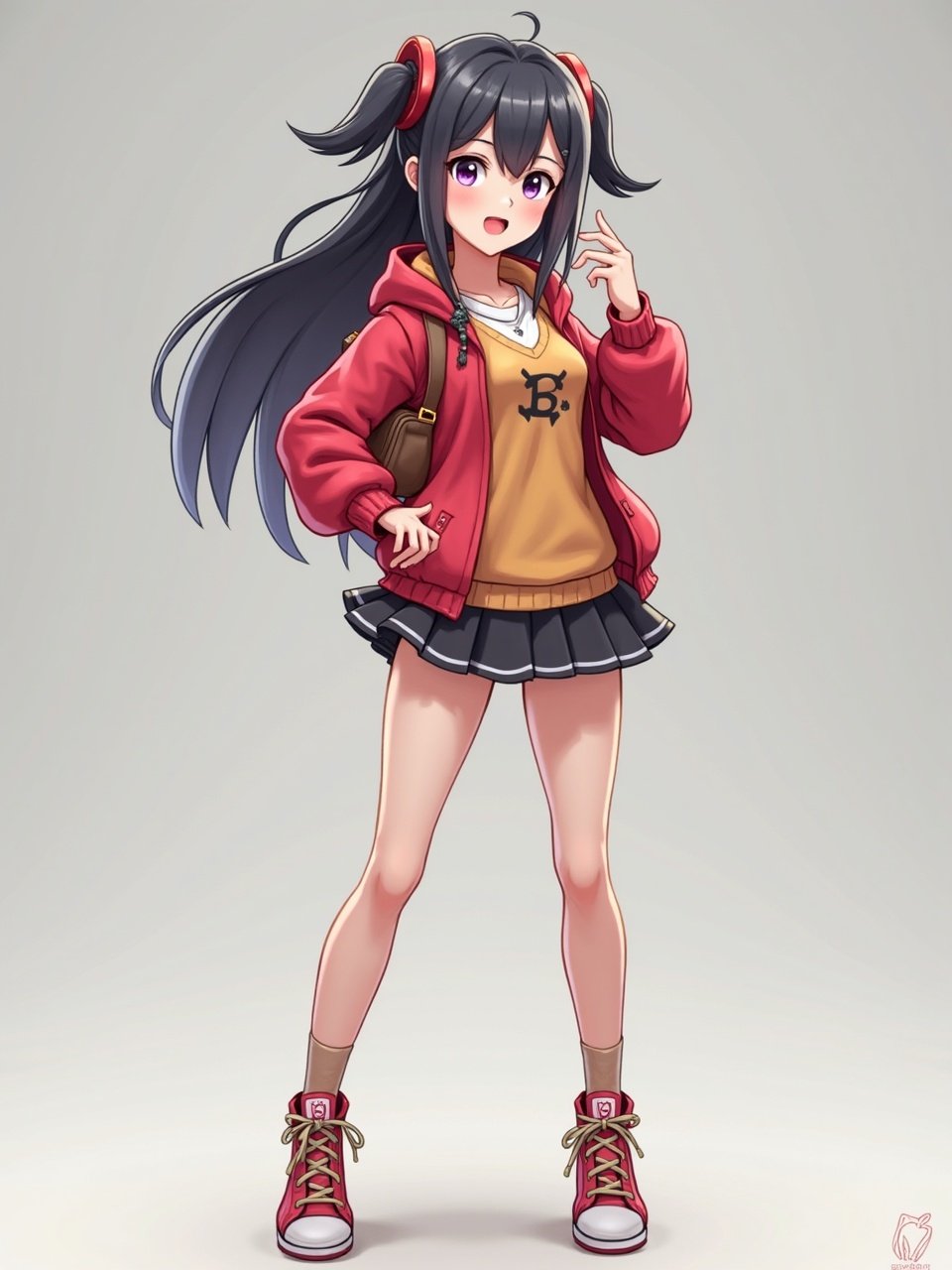 This digital artwork features a young girl with long black hair styled in twin tails. She wears a vibrant red jacket over a mustard yellow sweater, paired with a pleated skirt and red high-top sneakers. The character is animated with bright eyes and an expressive smile, exuding a cheerful and energetic vibe. The background is a subtle gradient, keeping the focus on the character.