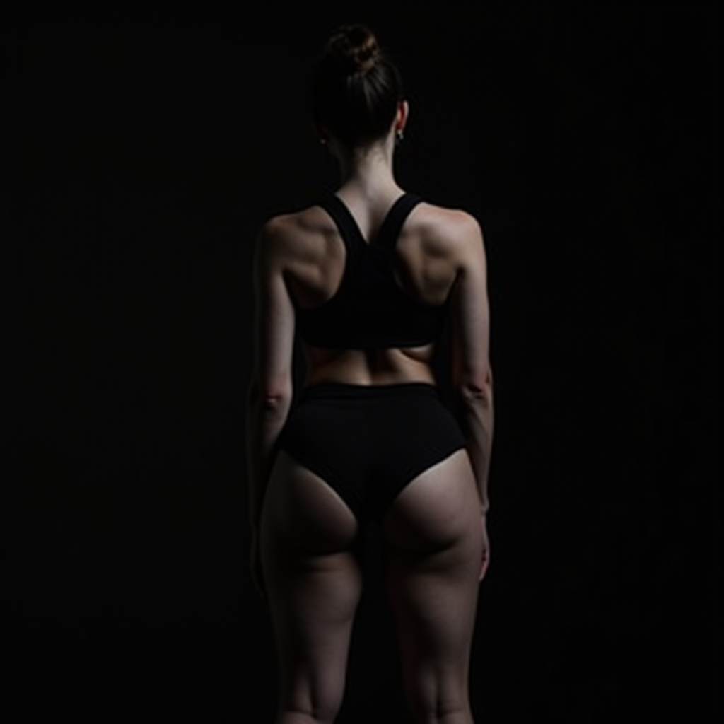 A person stands in a dimly lit setting, showcasing their silhouette and muscular definition against a dark background.