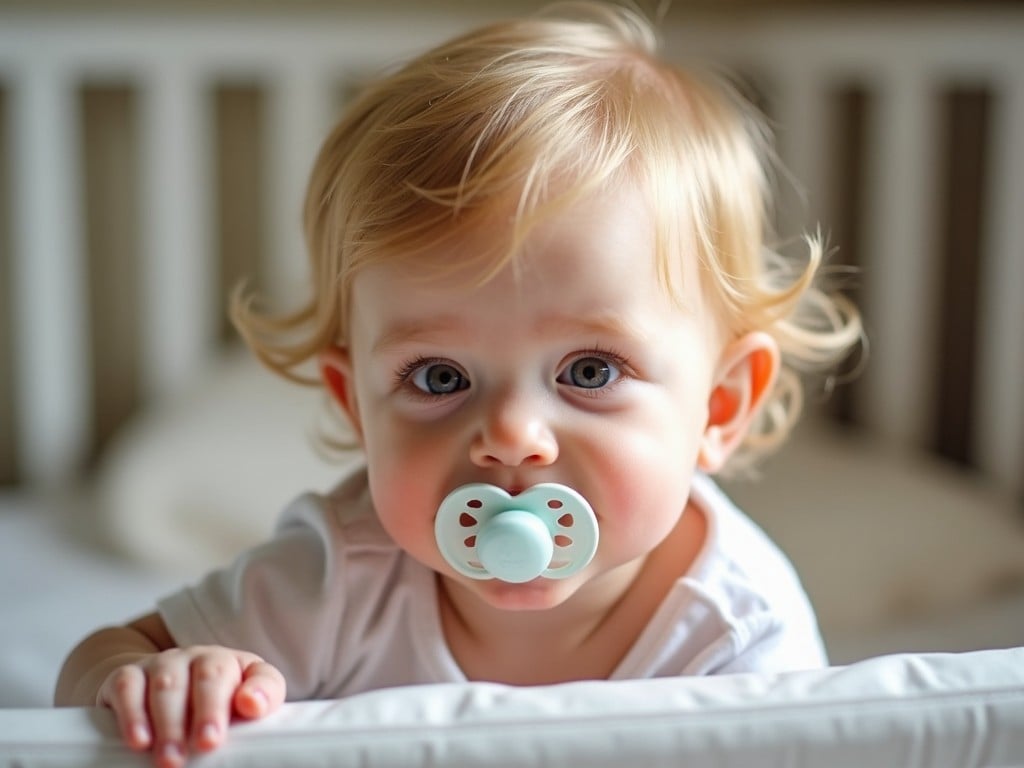 A close-up image of a baby with blonde hair and blue eyes, holding a pacifier in its mouth, set against a blurred crib background, in soft natural lighting.