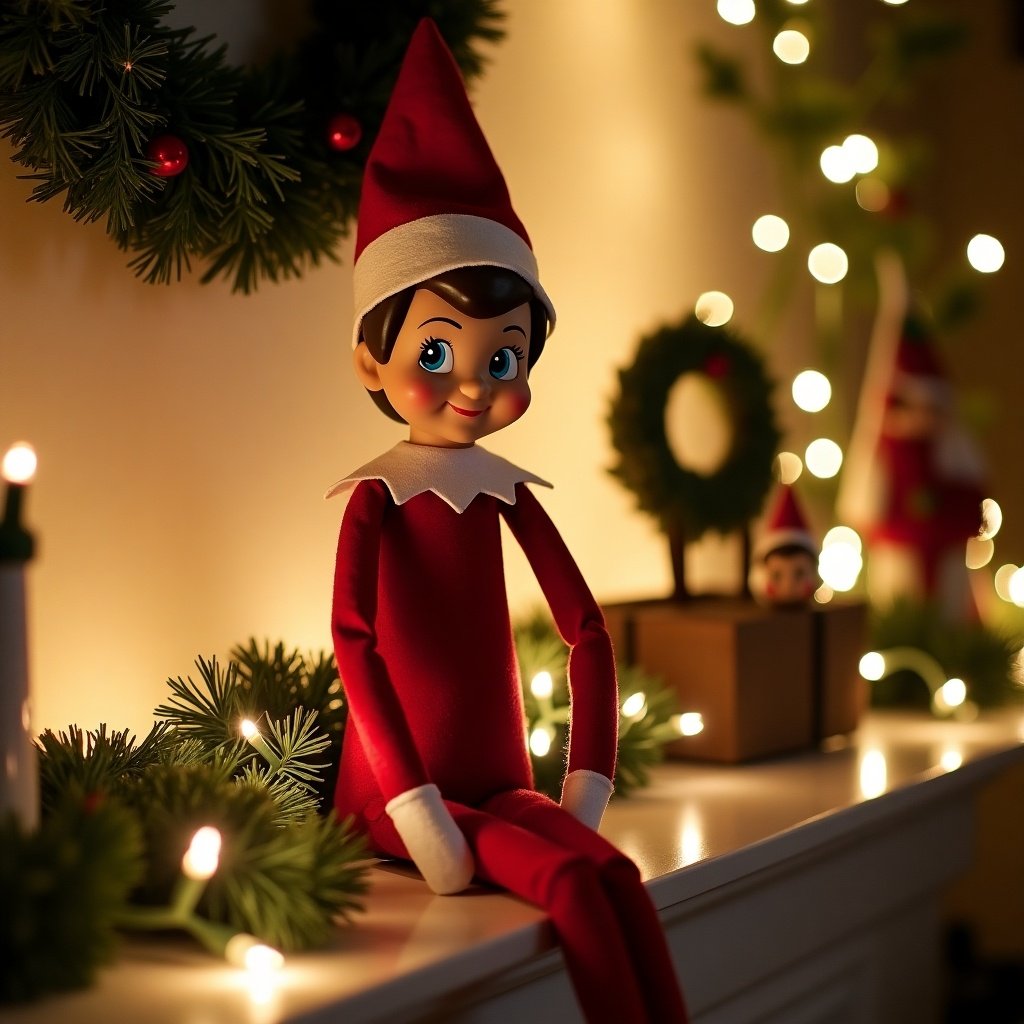 The image features a cheerful elf on the shelf named Dominik, sitting on a mantel. Dressed in a classic red outfit with a white collar and hat, the elf has a friendly smile that captures the magic of the holiday season. Surrounding Dominik are festive decorations, including a wreath and Christmas lights that create a warm ambiance. The background is softly illuminated with glowing lights, enhancing the cozy holiday feel. This scene embodies the spirit of Christmas and family traditions, inviting joy and nostalgia.