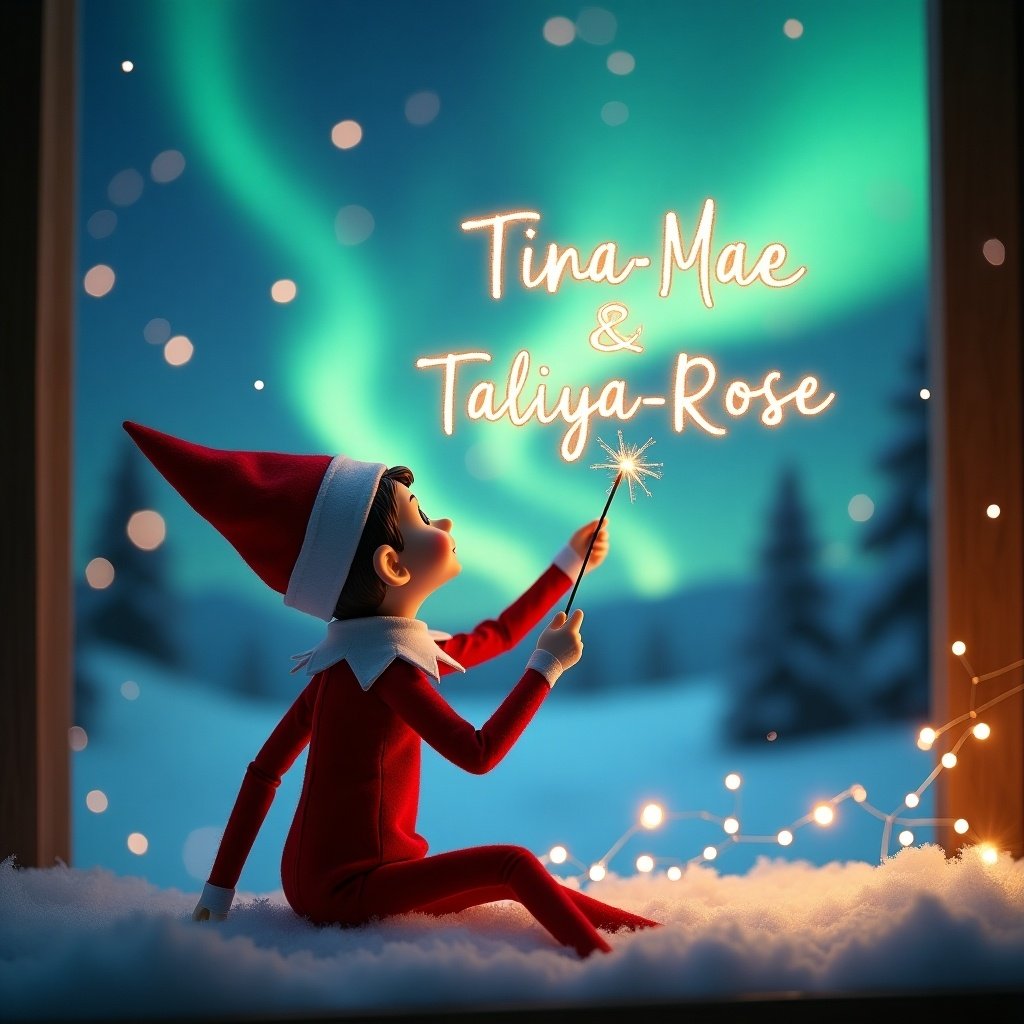 This image captures a charming scene featuring a girl elf on the shelf. The elf is dressed in a classic red outfit and is positioned with its back to the viewer. It gazes upwards towards a captivating sky illuminated by vibrant northern lights. In one hand, the elf holds a magic wand, which it uses to elegantly write the names Tina-Mae and Taliya-Rose in sparkling letters above. The snowy ground enhances the serene and magical atmosphere of this holiday moment.