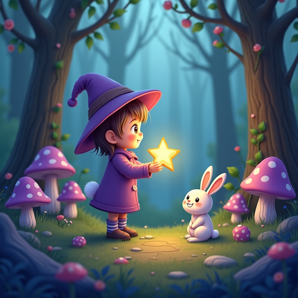 This image depicts a whimsical forest scene featuring a young child in a purple hat holding a glowing star. The child interacts with a cute white rabbit sitting before them. Surrounding them are purple mushrooms dotted throughout the green grass. The forest is alive with soft, warm lighting, creating a dreamlike atmosphere. The background is filled with tall trees, enhancing the magical setting. This illustration captures a sense of wonder and fantasy, perfect for children's stories.