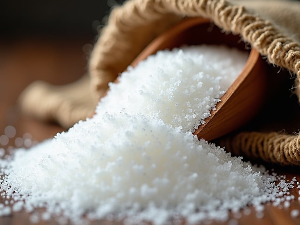 This image captures a close-up view of white granulated sugar spilling from a wooden scoop onto a rustic burlap sack. The sugar is sparkling and glistening under soft, natural light, bringing out the beautiful texture of the sugar crystals. The burlap adds contrast and depth, contrasting the white of the sugar. The shallow depth of field keeps the sugar in sharp focus while creating a gentle blur in the background. This composition emphasizes the delicate details and textures, ideal for culinary or food-related contexts.