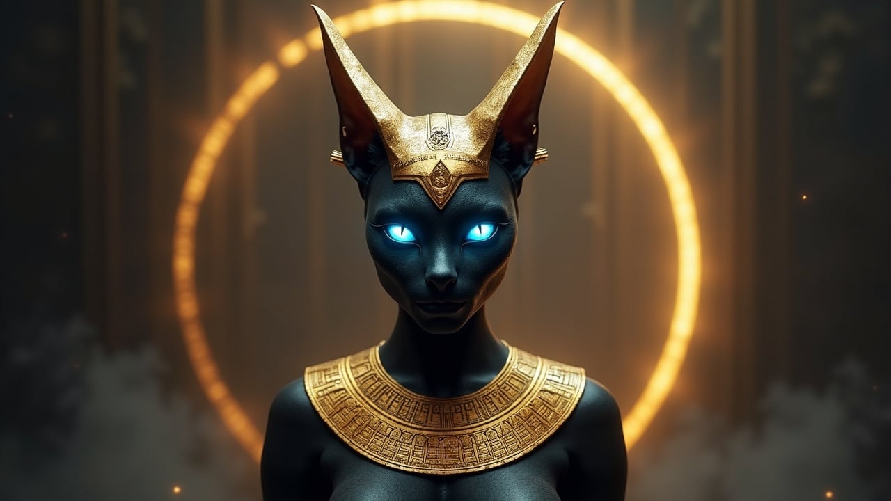 A striking digital artwork depicts a majestic feline deity with luminous blue eyes and golden adornments. The creature resembles a humanoid cat with a sleek, black fur and elongated ears, set against a mystical background featuring a glowing circular halo. The lighting enhances the ethereal quality, casting an enigmatic glow on the subject's ornate, ancient-looking attire.