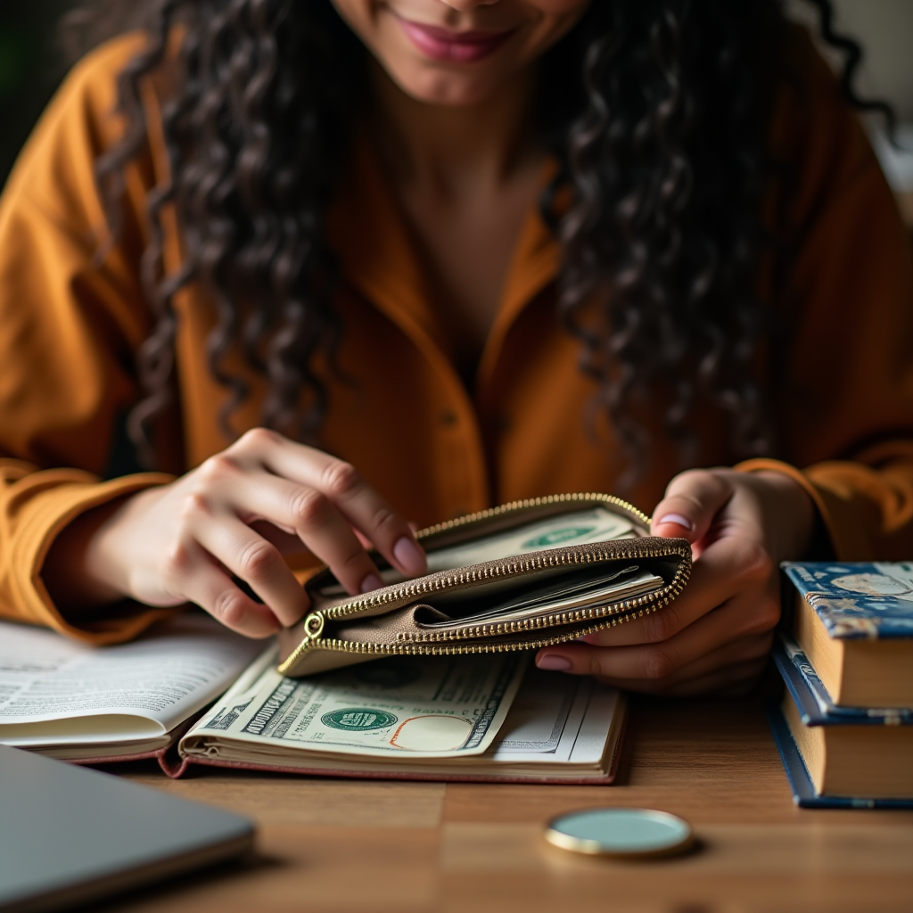 A person organizing cash in a wallet amidst a cozy study setup.