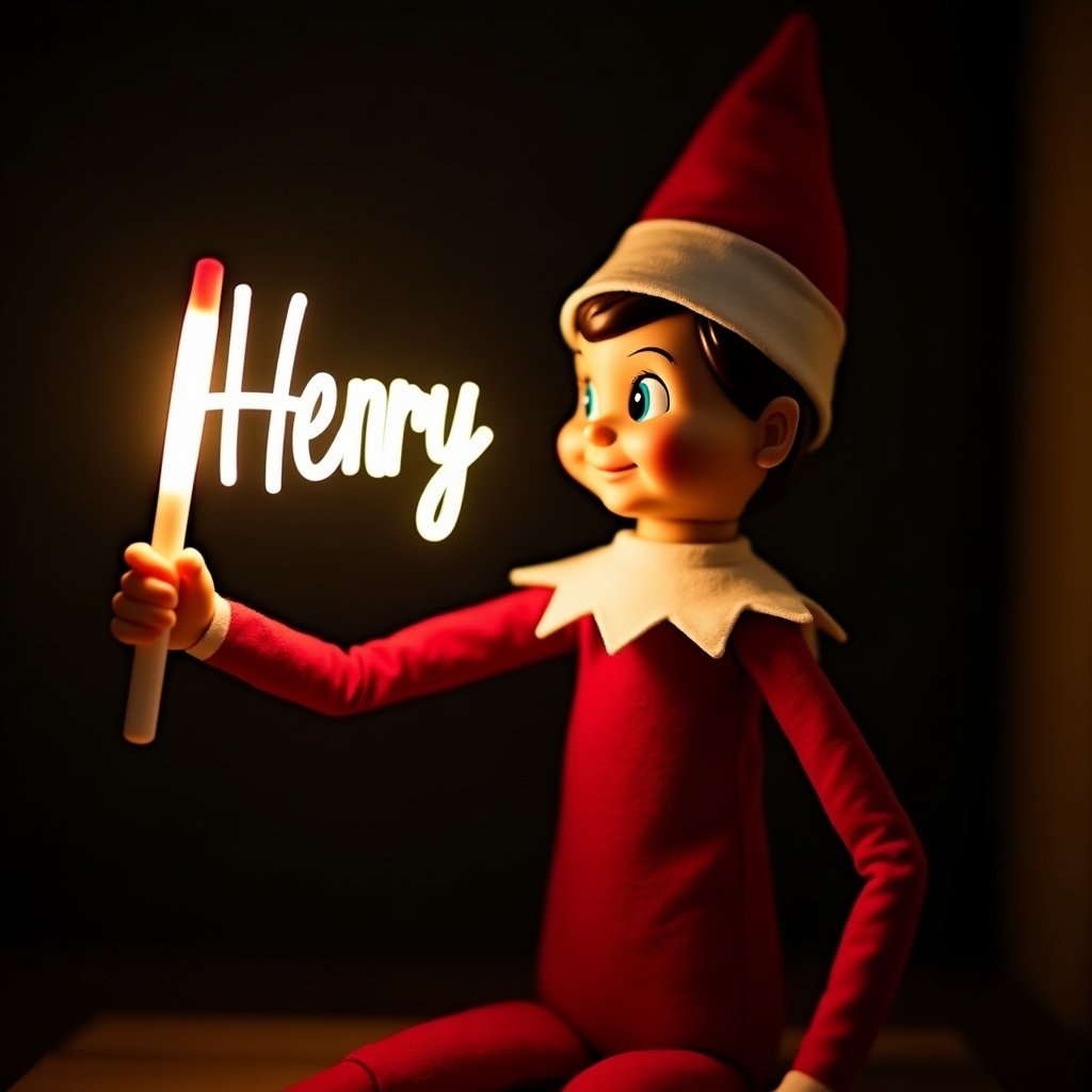 This image showcases an Elf on the Shelf character, dressed in cheerful red and white attire. The elf is joyfully holding a glow stick that spells out the name 'Henry' in a bright, glowing light. A dark background accentuates the warmth of the glow, creating a magical ambiance. This festive scene embodies the spirit of the holiday season, evoking feelings of joy and cheer. It's an inviting representation of Christmas traditions, making it perfect for themed decorations, cards, and marketing.