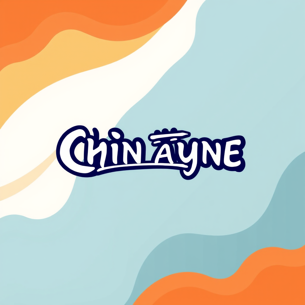 The image showcases the text 'CHINAYNE' in a bold, dark blue font, set against a lively background of wavy patterns in blue, white, and orange hues.