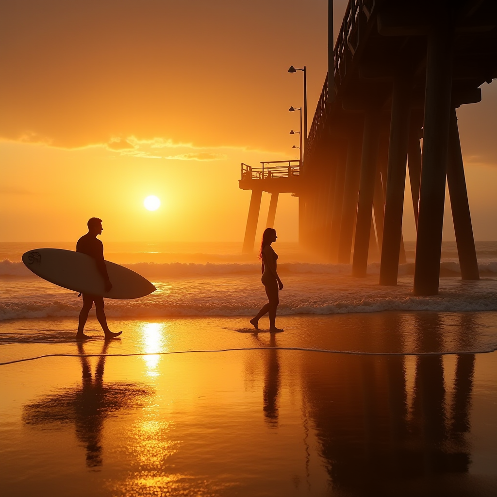 Two people walk along a beach at sunset near a pier, with one carrying a surfboard.