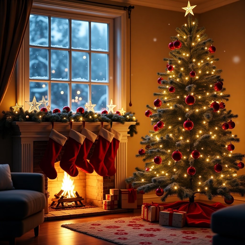 This image captures a cozy Christmas Eve scene. A beautifully decorated Christmas tree stands in the corner, adorned with bright ornaments and twinkling lights. The warm glow from the fireplace casts a welcoming light across the room. Stockings hang from the mantel, and presents are neatly arranged beneath the tree. Outside the window, a snowy scene adds to the festive atmosphere, making this a picture-perfect holiday setting.