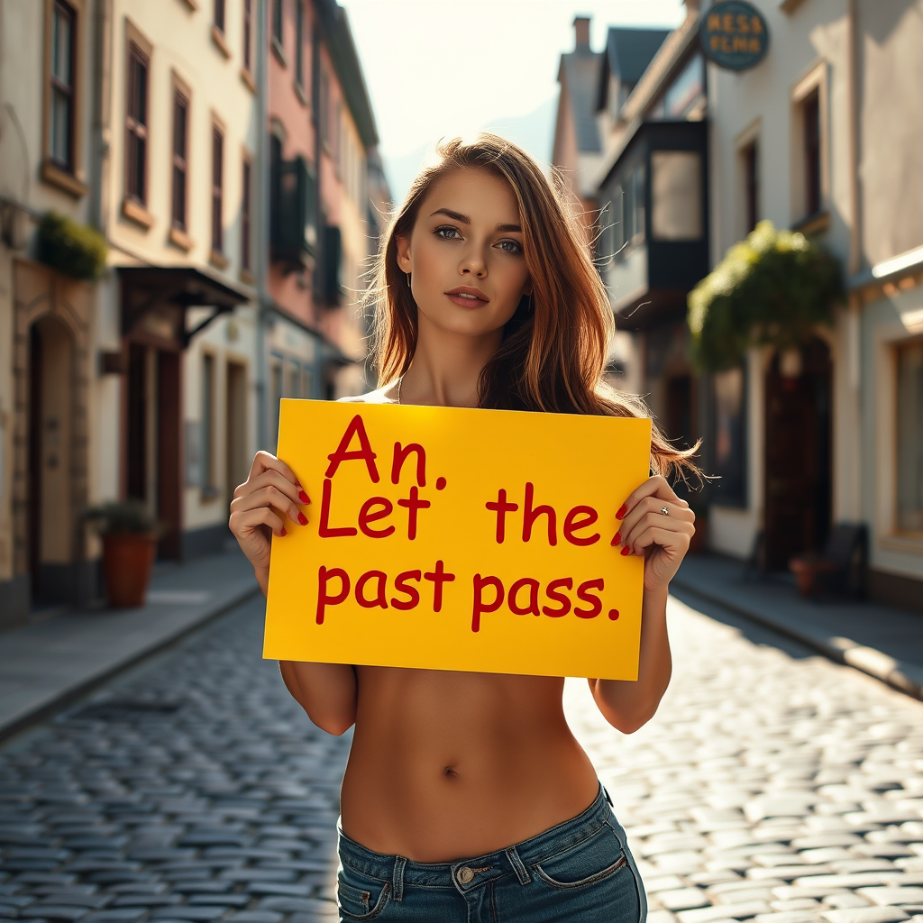 The image depicts a woman standing in the middle of a cobblestone street, holding a bright yellow sign that reads, 'Let the past pass.' She appears to be in a quaint town with European-style architecture lining the sides, characterized by narrow buildings, flower decorations, and signs in different languages. The woman is casually dressed, with long hair flowing naturally. The sunlight casts a soft glow, creating a peaceful and contemplative atmosphere. The message on the sign complements the serene and reflective setting.