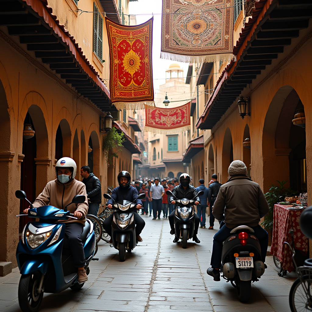 A lively alley scene with motorcyclists navigating through a narrow street adorned with colorful hanging carpets and lined with archways.