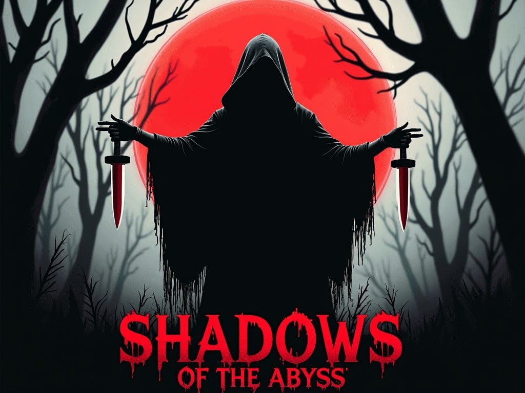 The image features a dark, cloaked figure standing ominously against a large, red moon. The figure holds two daggers, emphasizing a sense of danger and mystery. Surrounding the figure are twisted trees, adding to the eerie atmosphere. The background is filled with shadows, creating a foreboding mood. The title 'SHADOWS OF THE ABYSS' is displayed prominently at the bottom in bold, red letters. This artwork evokes feelings of suspense and unease, perfect for a horror-themed project.