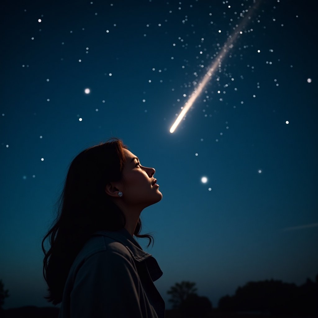 This image depicts a woman in profile, looking up at a radiant shooting star streaking across a clear night sky. Her expression is serene and filled with hope, embodying a sense of wonder. The surrounding sky is a deep blue, sprinkled with stars that twinkle brightly. The gentle illumination on her face highlights her thoughtful gaze. This scene captures a magical moment where dreams and possibilities seem within reach.