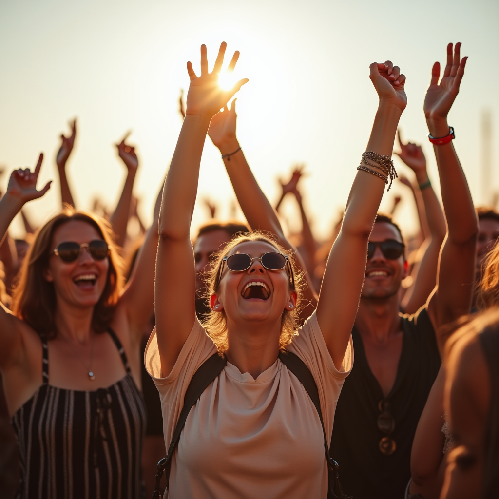 A crowd of happy people at an outdoor festival enjoying the sunny weather.