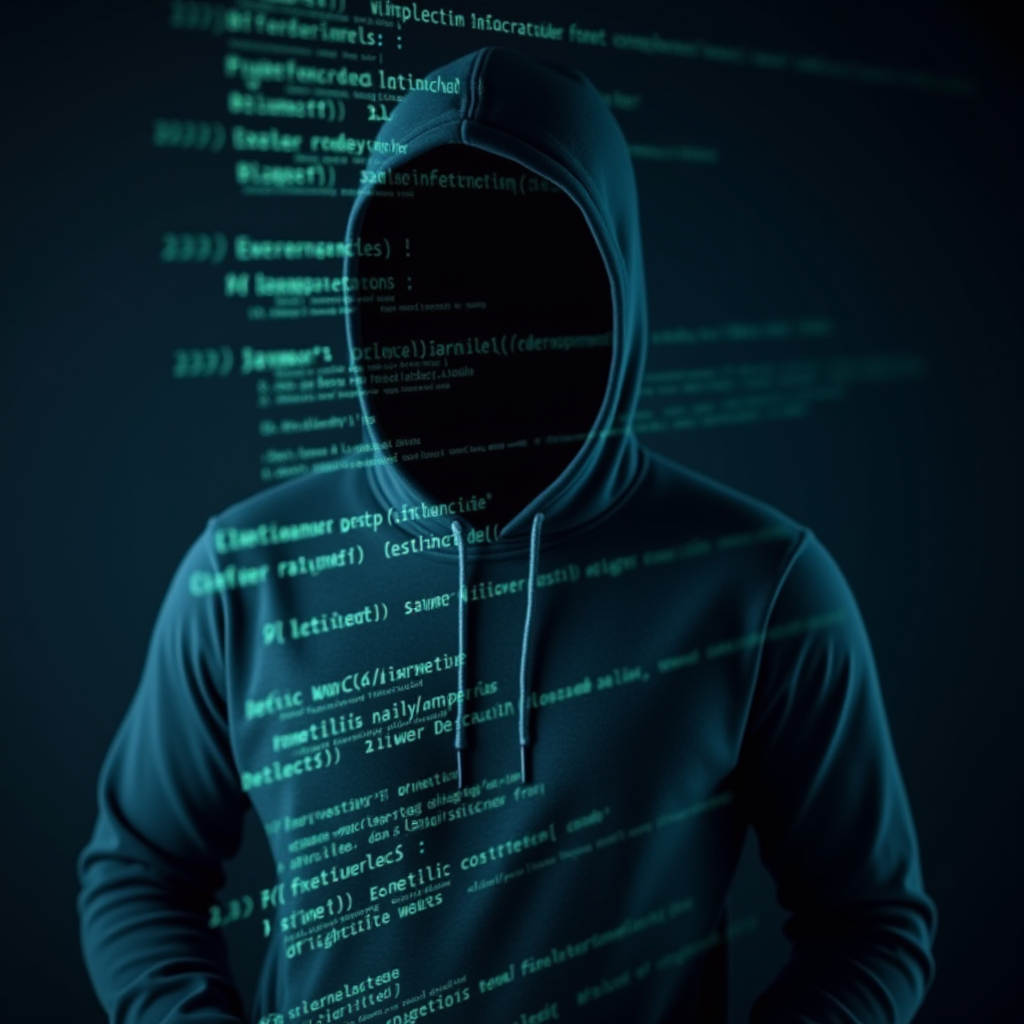 A mysterious figure in a hoodie stands surrounded by glowing computer code.