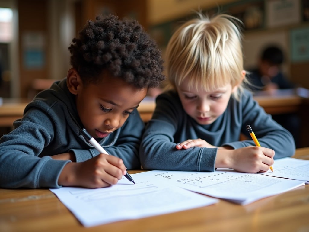 This image depicts two young children, deeply focused on their work in a classroom setting. They are seated side by side at a wooden desk, each engaged with a sheet of paper and holding writing utensils—one a pen and the other a pencil. The background is softly blurred, highlighting the children's concentration and the learning environment. The warm lighting and natural expressions convey a sense of dedication and collaboration.