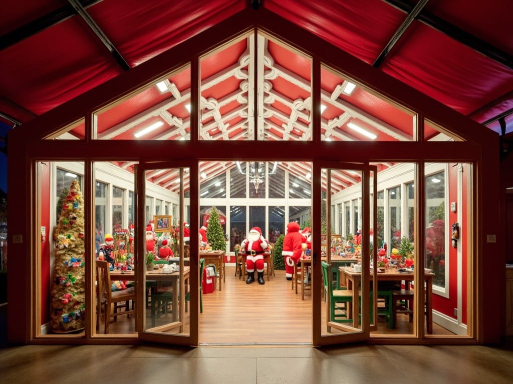 The image features a beautifully decorated Christmas room viewed from an open entrance. Inside, Santa Claus is seated, surrounded by tables adorned with colorful decorations. The space is filled with a warm glow from bright lighting, enhancing the festive atmosphere. Christmas trees and other holiday decorations are artfully arranged throughout the room. It captures the essence of holiday cheer, inviting families to gather and celebrate together.