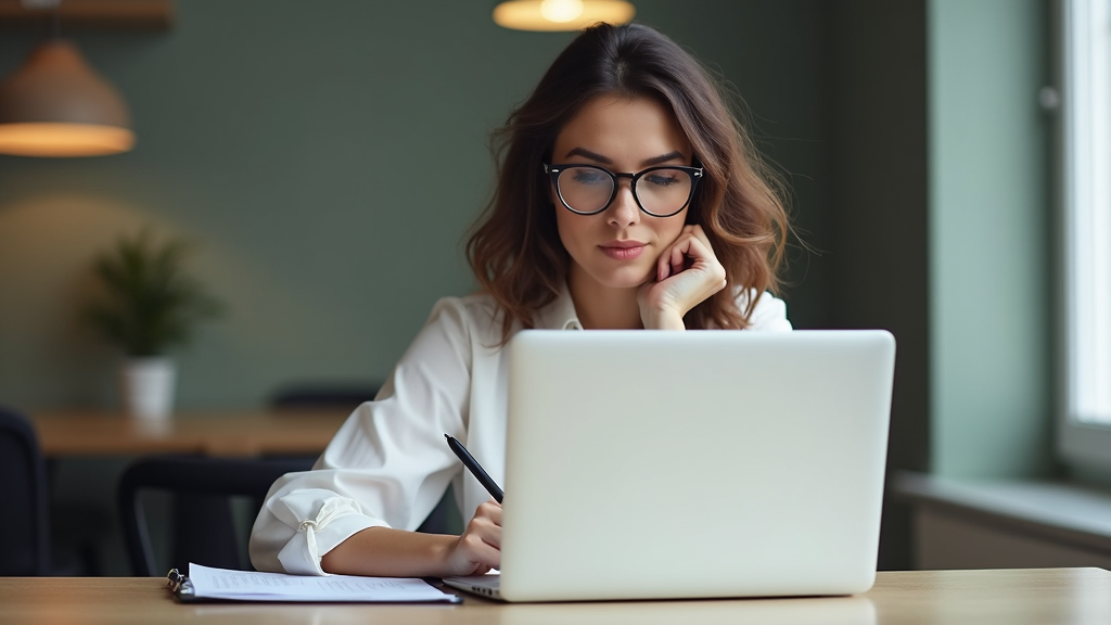 A woman wearing glasses is thoughtfully working on her laptop in a cozy, modern workspace.