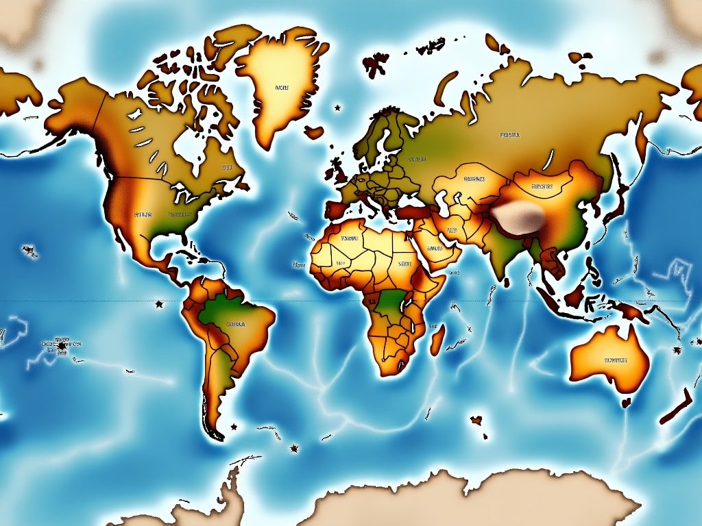 A beautifully illustrated world map showcasing various continents and regions. Each country is highlighted in earth tones, complementing shades of blue representing oceans. The focus is on the geographical layout of the world, making it useful for educational purposes. The map appears to blend artistic elements with geographic accuracy. This image can serve as a visual tool for understanding global geography.