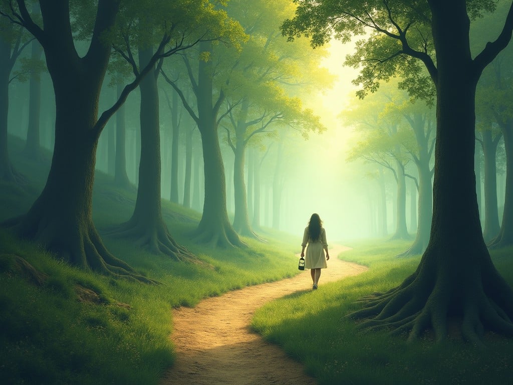 The image depicts a serene forest with a misty atmosphere. A woman walks along a winding path, holding a lantern, symbolizing guidance and hope. Towering trees surround her, their leaves vibrant and green. Soft sunlight breaks through the foliage, creating an ethereal glow. This scene evokes a sense of peace and reflection, inviting viewers to consider their own journeys.