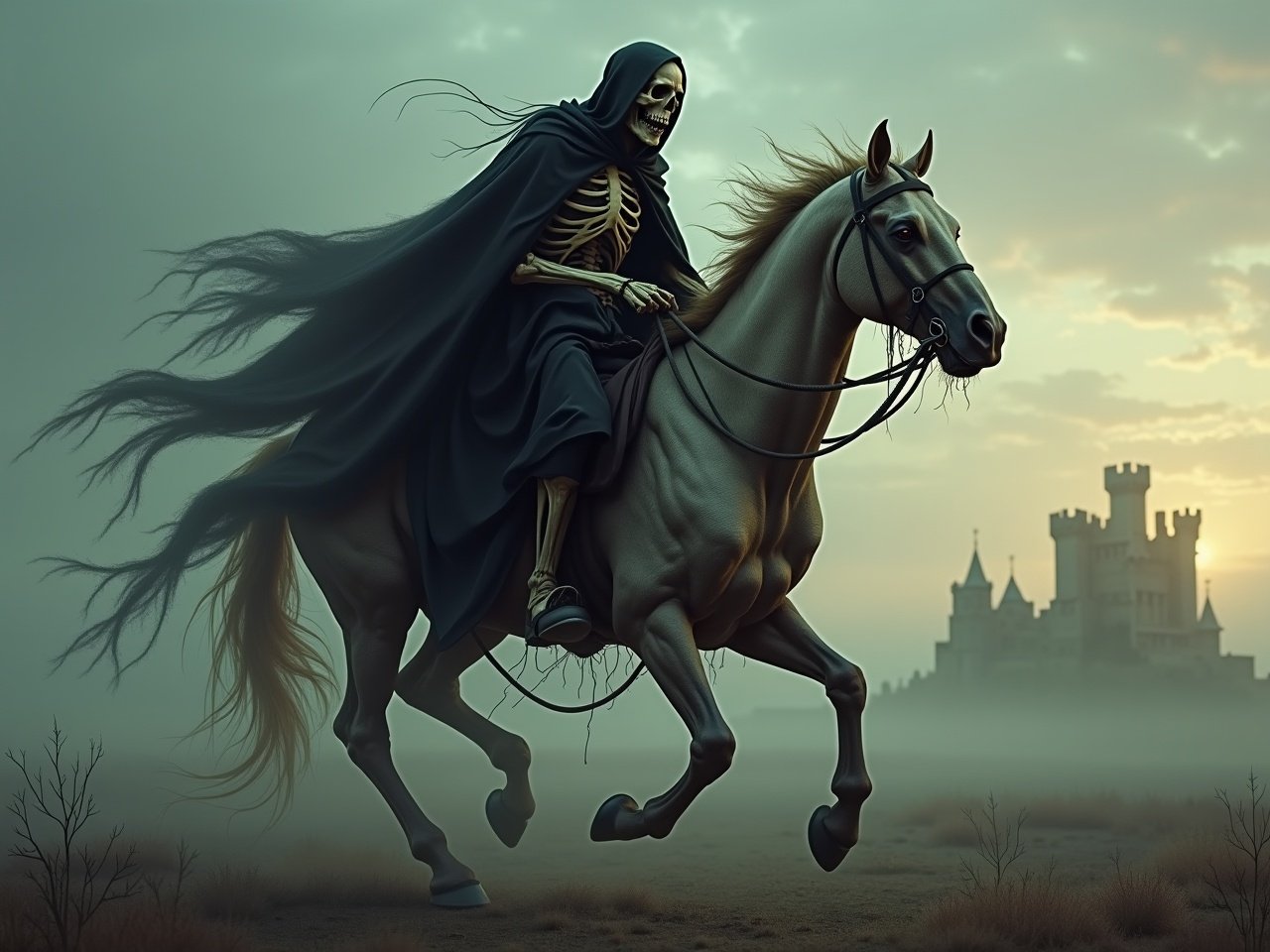 A skeletal figure rides a mangy, undead horse through a dimly lit, misty landscape at dusk. The figure is adorned in tattered black robes, evoking a sense of decay. The horse's body is twisted and corrupted, with glowing eyes that emit an eerie light. In the backdrop, a ruined castle looms faintly, shrouded in fog. This scene captures the essence of dark fantasy and the supernatural.