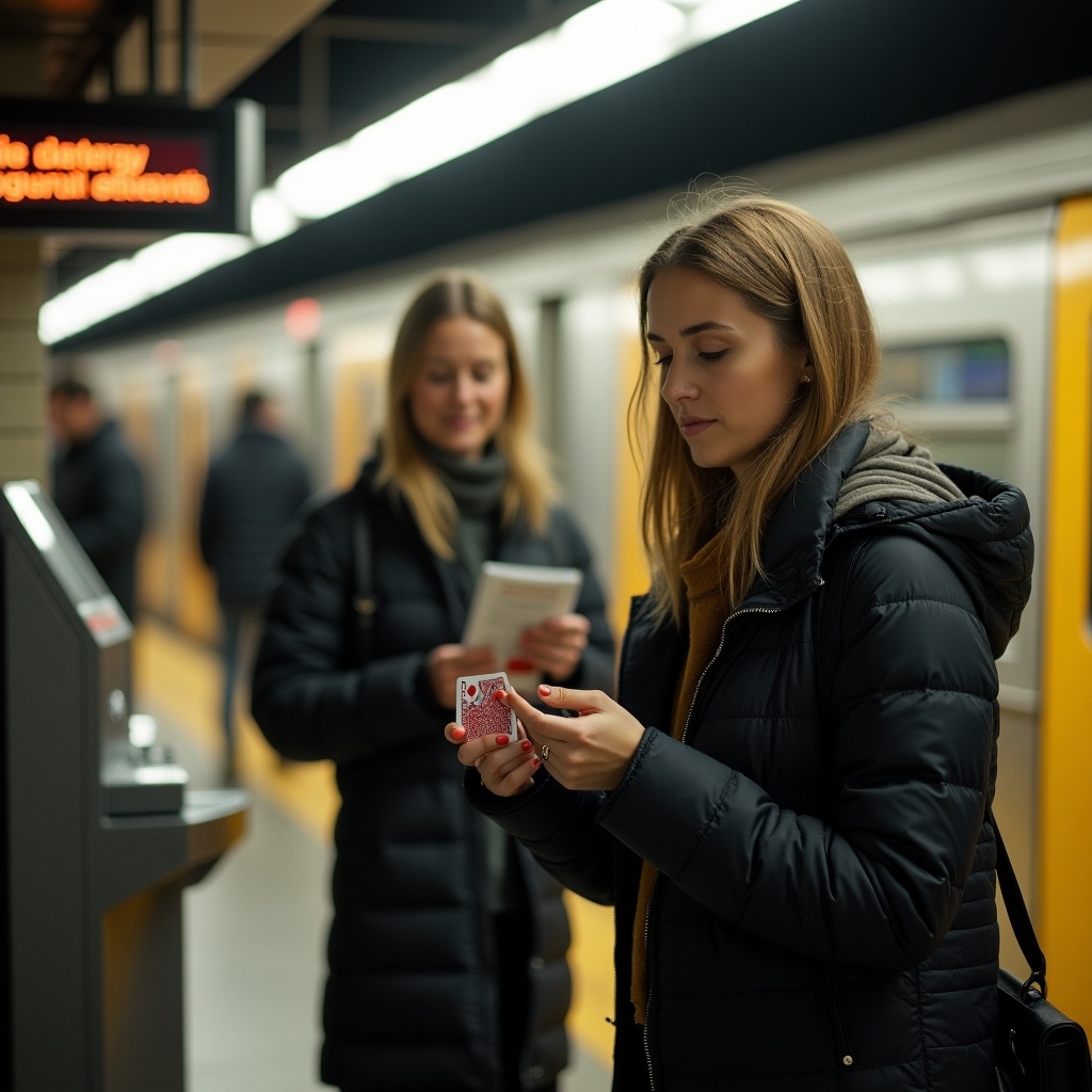 This image captures two women at a subway station. One woman is focused on performing a card trick, showcasing her skills with a deck of cards. The other woman stands nearby, observing with interest. The setting includes a ticket kiosk and an approaching subway train in the background. The warm yellow lights contrast with the dark tones of their jackets. This scene reflects urban life and moments of leisure during daily commutes. It's an engaging portrayal of friendship and entertainment in public transport.