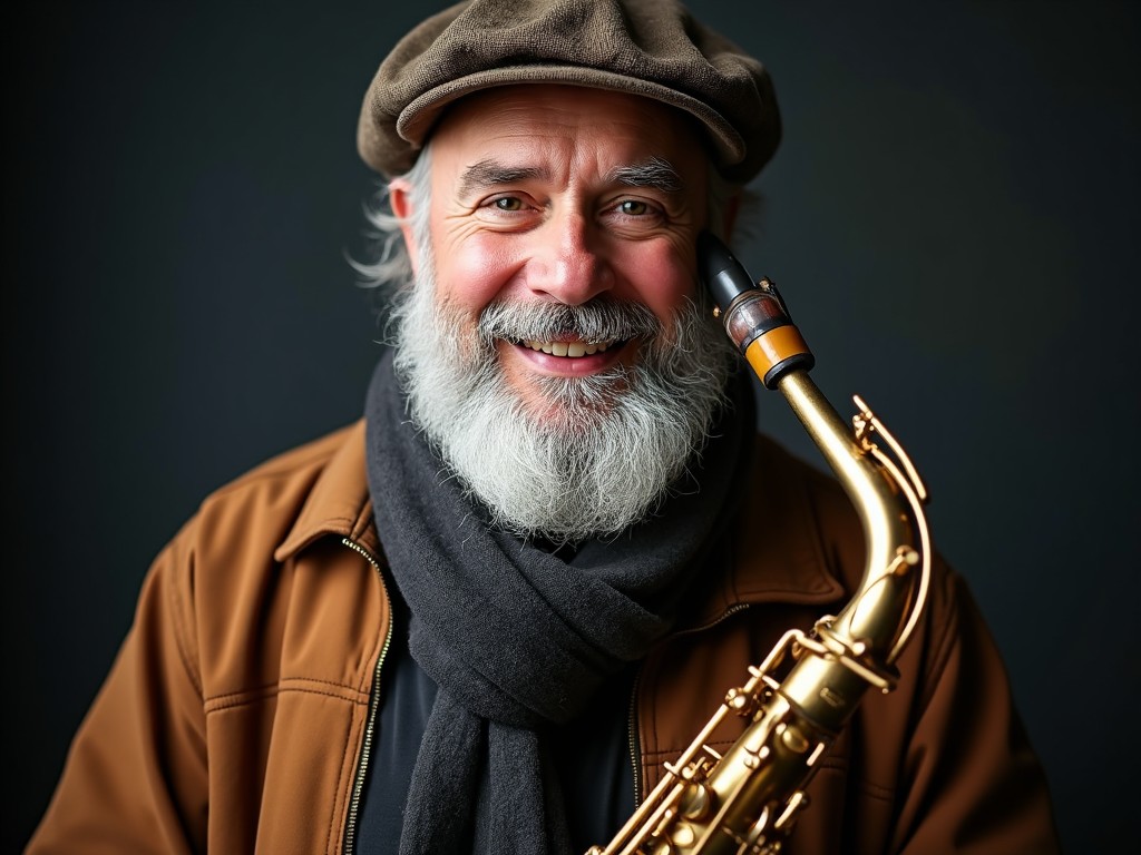 The image features a joyful older man with a thick beard wearing a brown coat and a hat. He is holding a saxophone close to his face with a warm smile, exuding a sense of passion for music. The background is dark, providing a striking contrast to the man and the instrument. His attire suggests a casual yet creative vibe. The lighting is soft, emphasizing his facial features and the shine of the saxophone. This portrait captures the essence of a loving musician and offers a glimpse into the world of jazz.