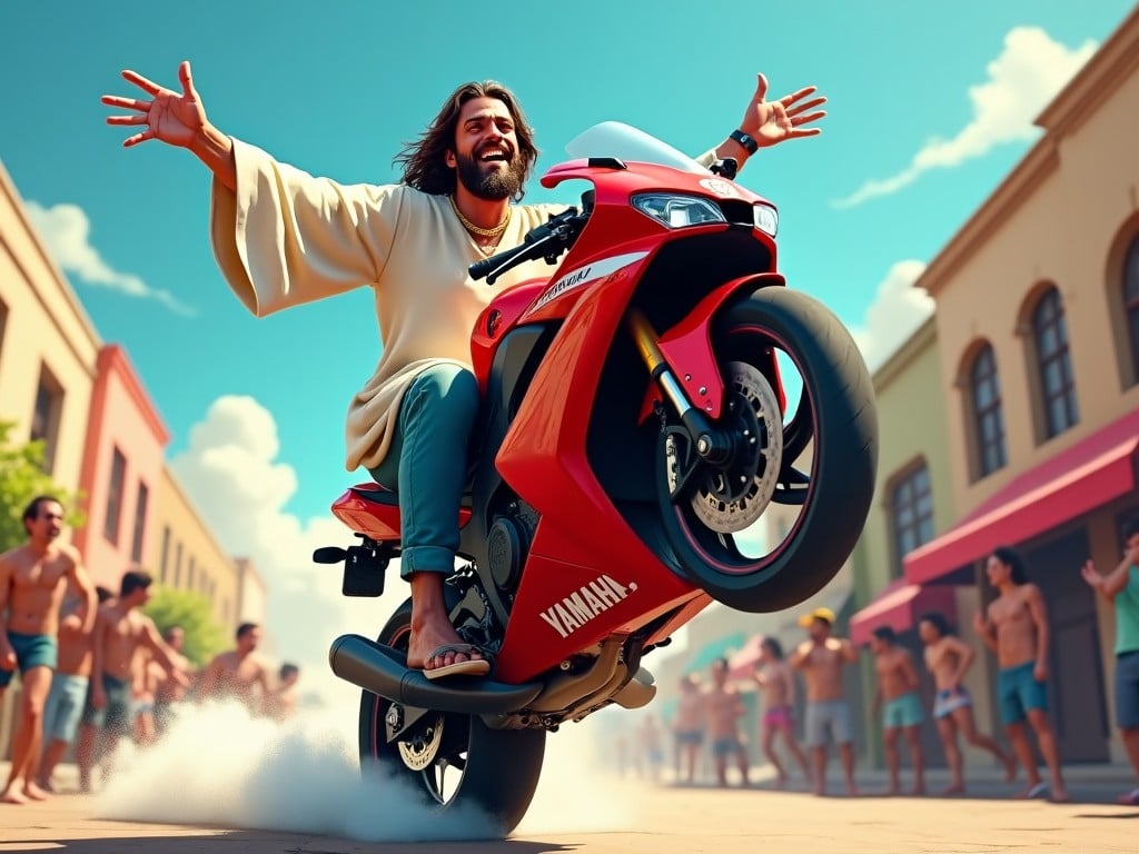 A modern-day depiction of a long-haired person resembling a fictional, joyous figure riding a red motorcycle and performing a stunt on a sunny day in a bustling urban environment, surrounded by people.