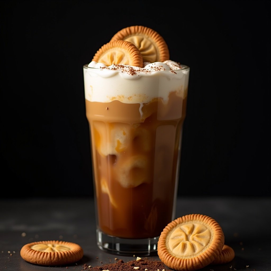 The image features a tall glass filled with iced coffee, topped with a generous amount of fresh cream. On top of the cream, there are two golden-brown biscuits placed elegantly. The background is dark, which emphasizes the rich color of the coffee and the brightness of the cream and biscuits. The setting suggests a delightful coffee experience, making it appealing to coffee lovers. This presentation is perfect for showcasing in cafés or food blogs, capturing the viewer's attention instantly.