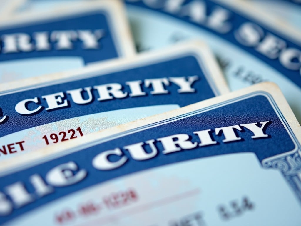 The image features a close-up view of multiple Social Security cards designed in blue and white. They showcase distinct lettering and important details. The main focus is on the cards, highlighting their significance in identity verification. These cards remind viewers of the importance of safeguarding personal information. They also showcase the potential risks involved in identity theft, emphasizing the need for vigilance with sensitive documents.