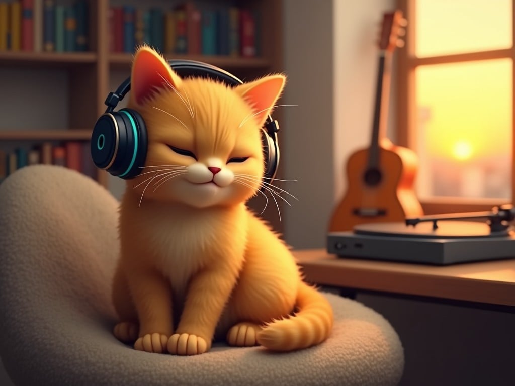 A cute orange cat wearing large headphones sits on a chair in a cozy room with a sunset view, a guitar and vinyl player in the background, creating a calm and music-inspired setting.