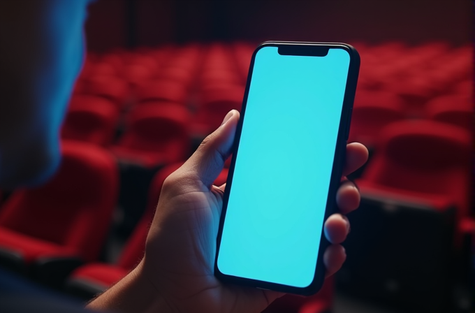 A person holds a smartphone with a bright screen in a cinema auditorium.