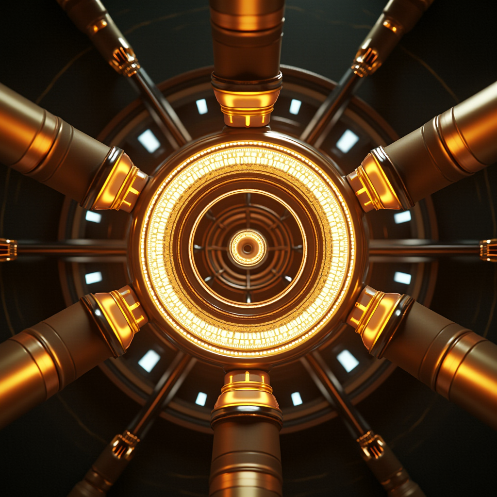 A symmetrical view of a mechanical structure with glowing elements and a radial design.