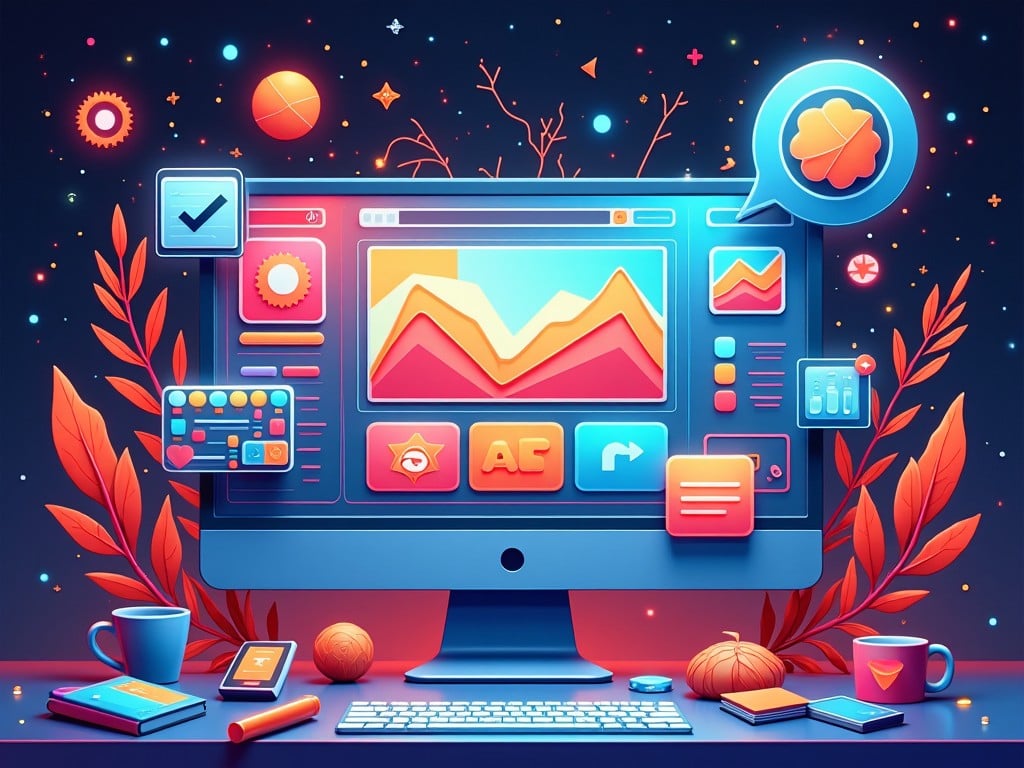 The image depicts a vibrant computer workspace filled with creative digital elements. A large computer monitor displays colorful graphs and images. Surrounding the monitor are various tools and objects like coffee cups, design icons, and abstract shapes. The color scheme features bright blues, oranges, and purples, giving it a modern, lively feel. Subtle details like stars and leaves enhance the creative atmosphere.