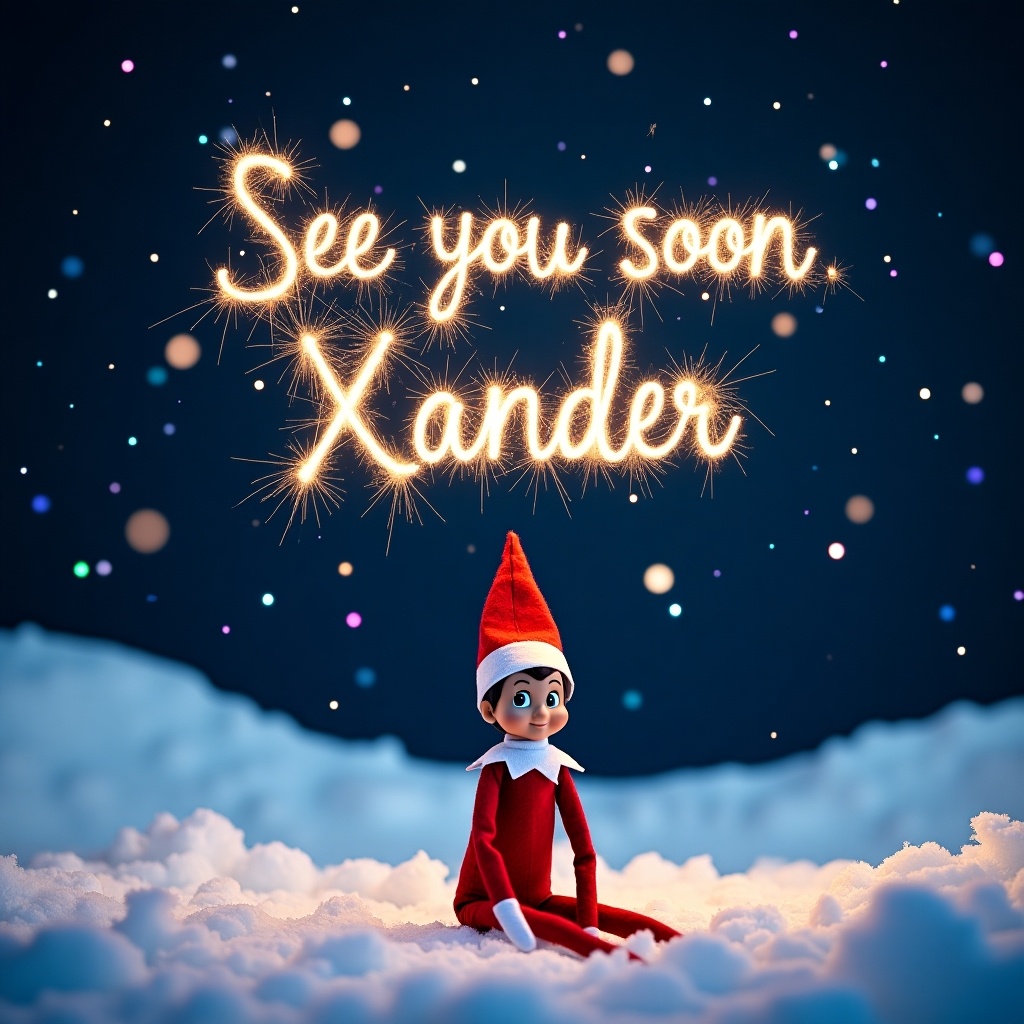 The image features a whimsical Elf on the Shelf sitting on soft, fluffy snow. The night sky is illuminated with a sprinkling of colorful lights, creating a magical atmosphere. Above the elf, the words 'See you soon Xander' are written in sparkling text, resembling sparklers. The elf is wearing a traditional red and white outfit, with an expressive face that adds character to the scene. Snowflakes gently fall around, enhancing the festive winter vibe.