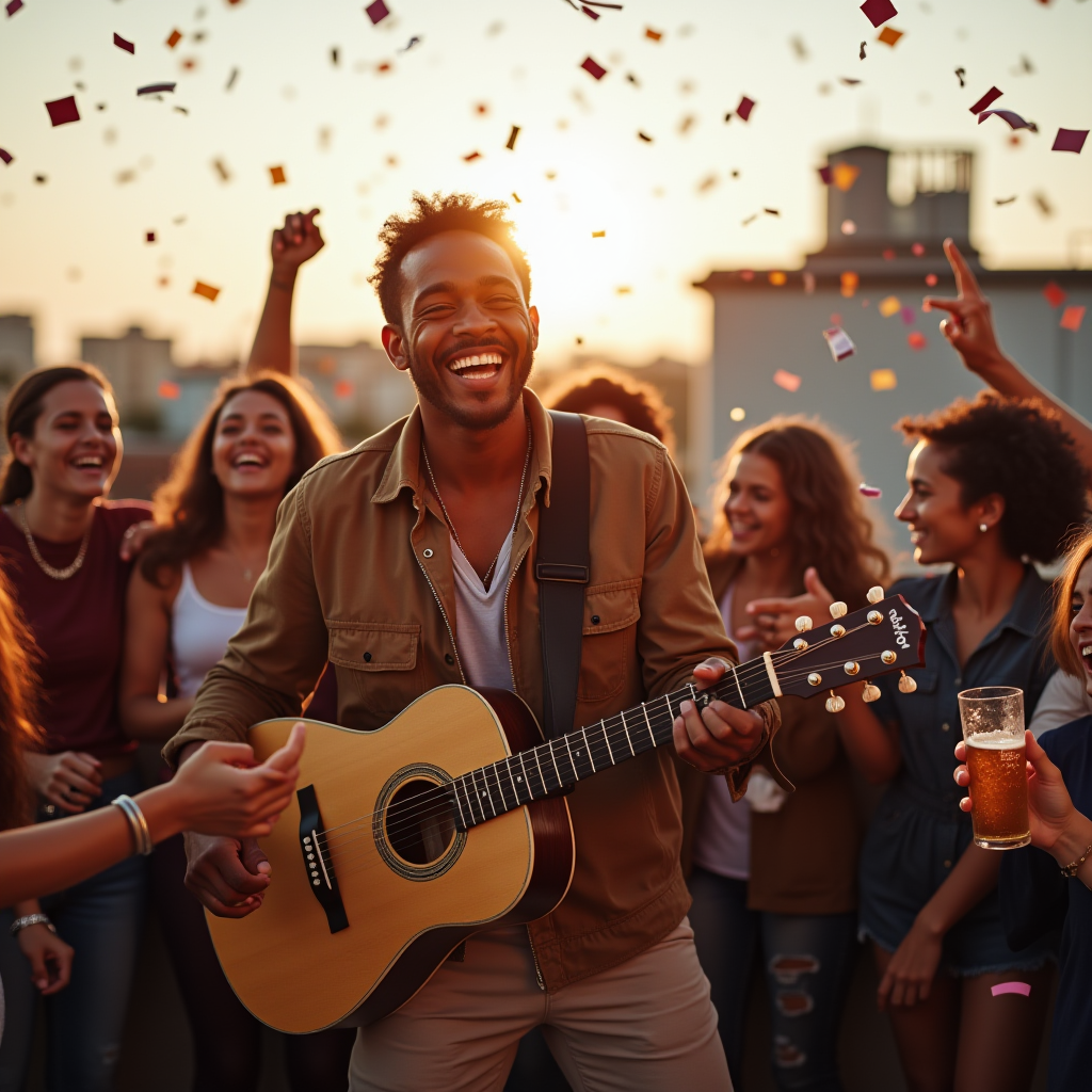 A joyful outdoor gathering with a guitarist at sunset, surrounded by friends and confetti.