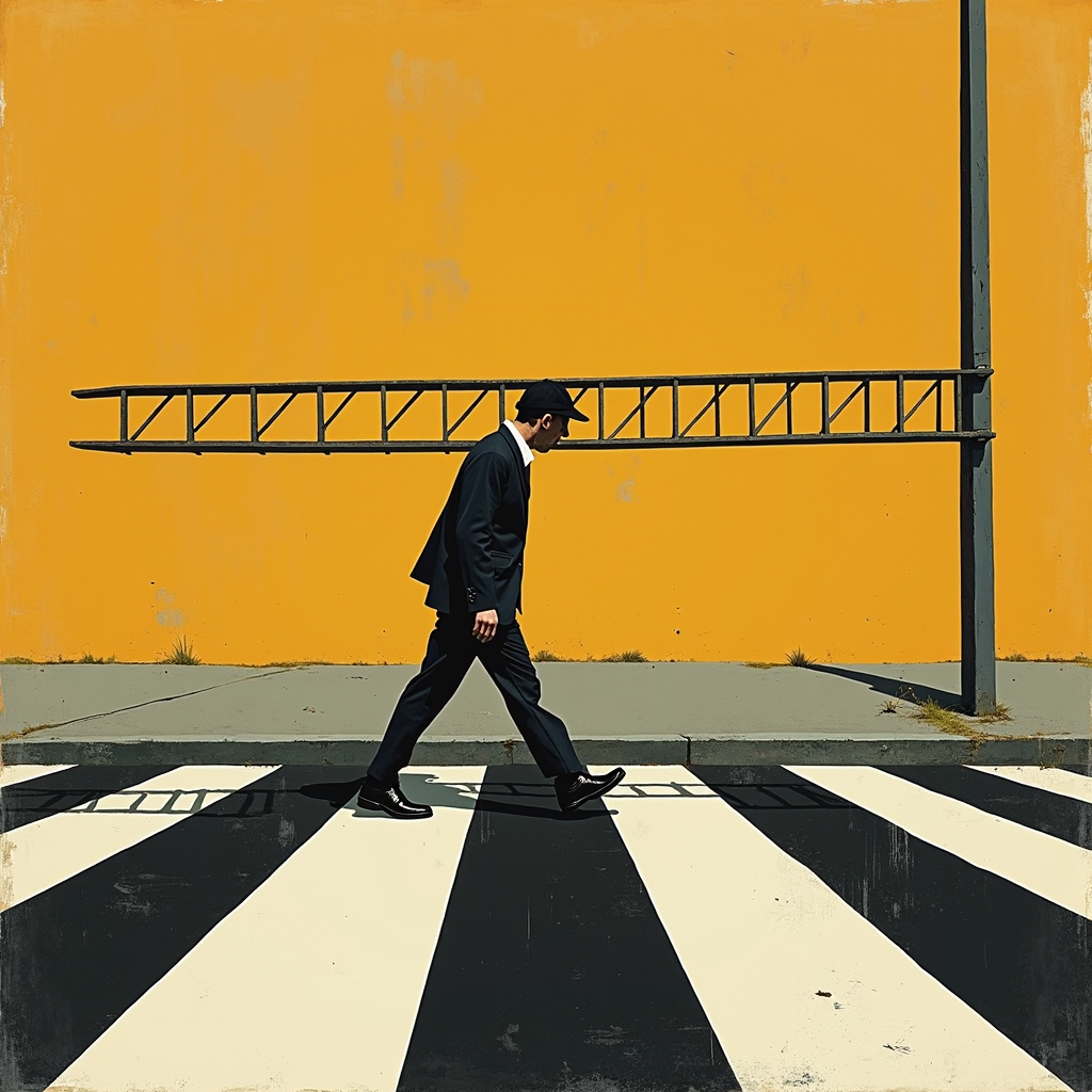 A man in a suit crosses a striped pedestrian path with a yellow backdrop and a ladder casting shadows.