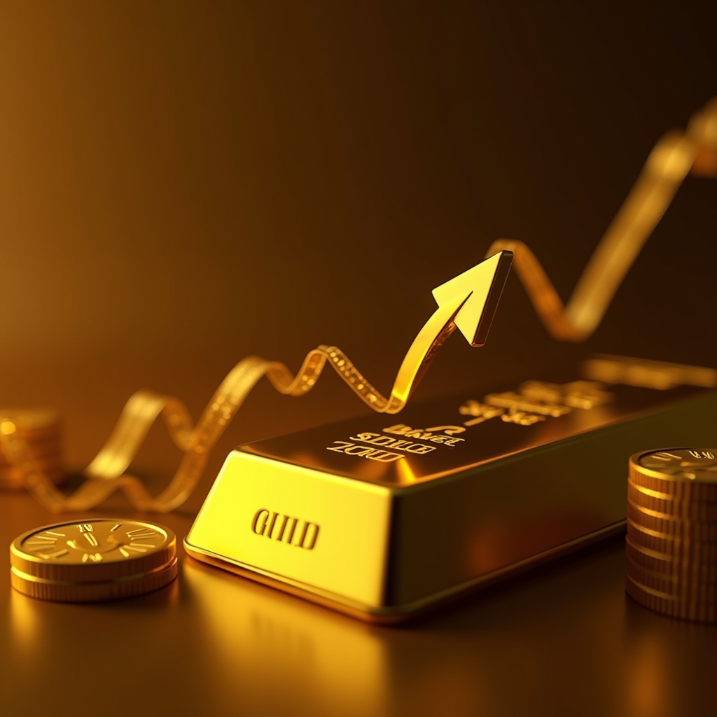 A gold bar and coins with a rising arrow symbolizing financial growth.