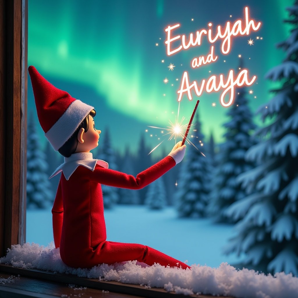 The image features a charming elf on the shelf sitting on a windowsill. The elf is dressed in red with white trim and is facing away from the viewer. He holds a magical wand and is creating twinkling sparks. The scene is illuminated by the northern lights in a winter landscape filled with snow-covered trees. Above, the elf writes the names Euriyah and Avaya with sparkling letters. This captures a magical holiday moment that evokes the spirit of Christmas.